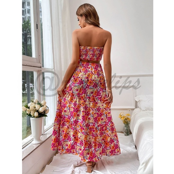 2 Piece Set Floral Strapless Top & High Waist Flared Maxi Skirt Pink Yellow - Picture 6 of 9
